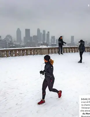  ??  ?? 3-5-6 | Running, bici e sci di fondo lungo lo chemin Olmsted, l’itinerario pricipale che attraversa il Parc
du Mont-Royal ,a Montréal. Ideale per praticare attività outdoor, anche d’inverno. 4| Due cerbiatti sulla strada tra Ferme-Neuve e Le Village Windigo.