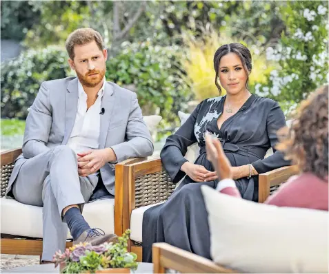  ??  ?? The Duke and Duchess of Sussex during their interview with Oprah Winfrey, which will be broadcast on ITV on Monday evening