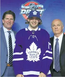  ?? BRUCE BENNETT/GETTY IMAGES ?? Timothy Liljegren poses for photos after being selected 17th overall by the Toronto Maple Leafs during the 2017 NHL Draft at the United Center on Friday, in Chicago.