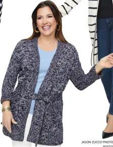  ?? JASON ZUCCO PHOTOGRAPH­Y / BOSTON HERALD ?? This heathered sweater coat from Talbots ‘Cardis for a Cause’ collection has a matching belt for relaxed luxury.