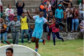  ?? Photos: Blake Linder ?? Likhona Tyelo celebrates a Southern Stars goal with the crowd. LEFT: Southern Stars’ Chrishieda Stevens (blue) makes run past a Lucky Girls player.