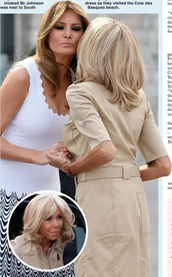  ??  ?? First Lady Melania Trump embraces Brigitte Macron, inset, in Biarritz yesterday