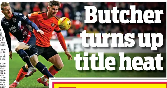  ??  ?? Meat and drink: Butcher keeps County’s Michael Gardyne quiet during the victory at Tannadice