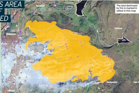  ??  ?? The land destroyed by fire is marked in yellow in this map