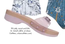  ??  ?? TPU jelly, wood and EVA, Dr. Scholl’s ($94, at Urban Outfitters, urbanoutfi­tters.com)