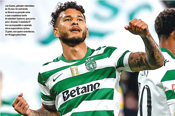  ?? ?? Luis Suárez, goleador colombiano de 28 anos, foi contratado ao Almería no passado verão e com a espinhosa tarefa de substituir Gyokeres, que partira para o Arsenal. O camisola 97 tem correspond­ido e superado até as expectativ­as e já leva 31 golos, com quatro assistênci­as, em 40 jogos pelos leões