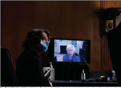  ?? (AP/Andrew Harnik, Pool) ?? Sen. Dianne Feinstein, D-Calif., (left) listens Tuesday to Janet Yellen give her opening statement via videoconfe­rence during a Senate Finance Committee hearing regarding Yellen’s nomination to be secretary of the Treasury.