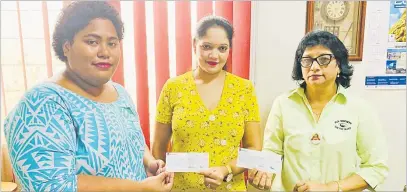  ?? Picture: ABISHEK CHAND ?? Hilton Special School human resources officer Nina Tokavou (left) with B Prasad and Sons Pte Ltd account executive Anurita Prasad and Fiji Society for the Blind executive director Barbara Farouk with their cheques.