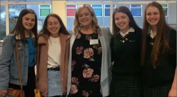  ??  ?? Geography teacher with former students Jolene Murtagh and Eimear Fealy and Deputy Head Girl Hannah Mullen and Head Girl Clodagh Shine.