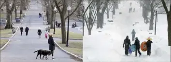  ?? Steven Senne/Associated Press ?? These photos show scenes from a mild day on Feb. 13, 2023, left, and a snowy day on Feb. 9, 2015 as people walk through Boston Common. Snow totals are far below average from Boston to Pittsburgh this season. Warmer temperatur­es have resulted in more spring-like days than blizzard-like conditions.