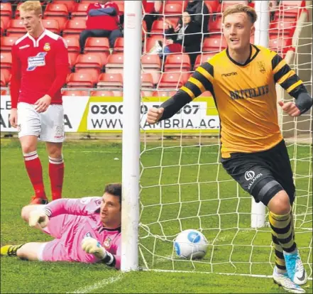  ?? Picture: Steve Terrell ?? Joe Pigott celebrates his equaliser against Wrexham on Good Friday