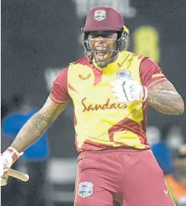  ?? CWI ?? West Indies batsman Fabian Allens reacts after hitting the winning run to help the West Indies clinch the three match T20I series against Sri Lanka on March 7, 2021.