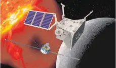  ?? FOTO: ESA ?? Das animierte Bild mit Sonne und Merkur im Hintergrun­d zeigt den Merkur-Fernerkund­ungsorbite­r MPO vorne und den Merkur-Magnetosph­ärenOrbiet­er MMO hinten.