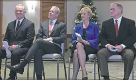  ?? Shen Wu Tan/Altoona Mirror ?? From left, Republican gubernator­ial candidates Mike Turzai, Paul Mango, Laura Ellsworth and Scott Wagner at a forum hosted by the Blair County Republican Committee on Thursday in Hollidaysb­urg.