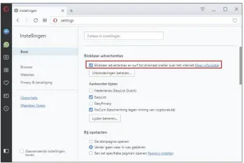  ??  ?? Zodra je de adblocker van Opera inschakelt, iltert de browser met dank aan de NoCoin- ilterlijst een groot aantal JavaScript-miners uit.