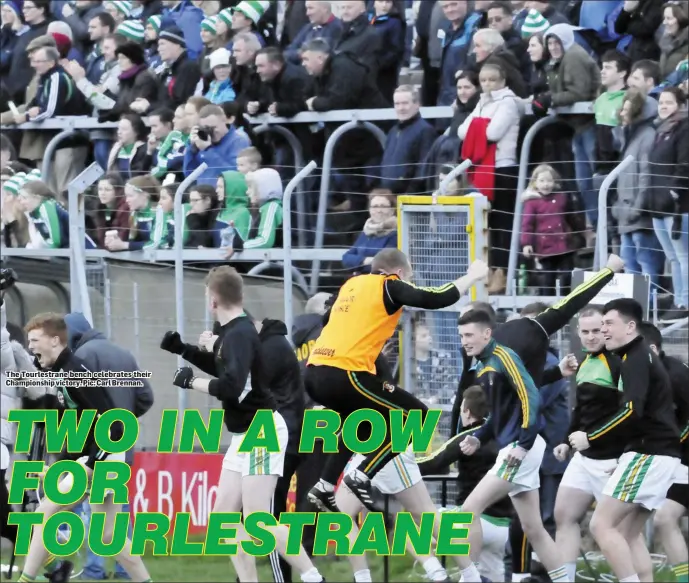  ?? Pic: Carl Brennan. ?? The Tourlestra­ne bench celebrates their Championsh­ip victory.