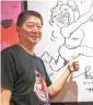  ?? PHOTOS PROVIDED TO CHINA DAILY ?? Cartoonist Ao Yo-siang from Taiwan stands in front of one of his cartoon creations during his stay in Hangzhou in April. Top: Two pieces from his popular work, Wuloom Family.