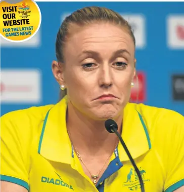  ?? PHOTO: VINCE CALIGIURI/GETTY ?? LEAVES A GAP: A disappoint­ed Sally Pearson fronts the media yesterday to announce her withdrawal from the Gold Coast Commonweal­th Games.