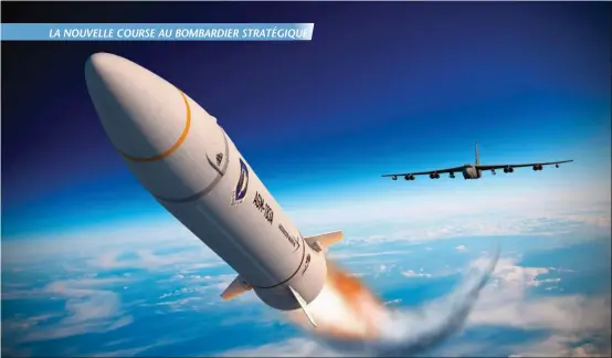  ??  ?? Vue d’artiste d’un missile hypersoniq­ue AGM-183 tiré depuis un B-52. Le bombardier, né la même année que Vladimir Poutine, est toujours associé aux armements les plus modernes. © Lockheed Martin