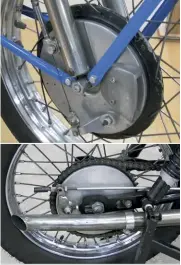  ??  ?? TOP The TT front brake with dummy air scoop. ABOVE TT rear brake. BELOW Alf Groves’ modificati­ons – twin plug cylinder heads.