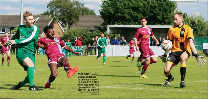  ?? PICTURES: Andy Nunn & Stuart Tree ?? STOP THAT! Jordan Cobley equalises for the home side to make it 2-2 after Scott McGowan had opened from the spot for 1874, below