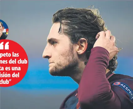  ?? FOTO: GETTY ?? Adrien Rabiot (23 años) volvió a sufrir un revés por parte de la cúpula del PSG, que quiere forzarle a salir este mes