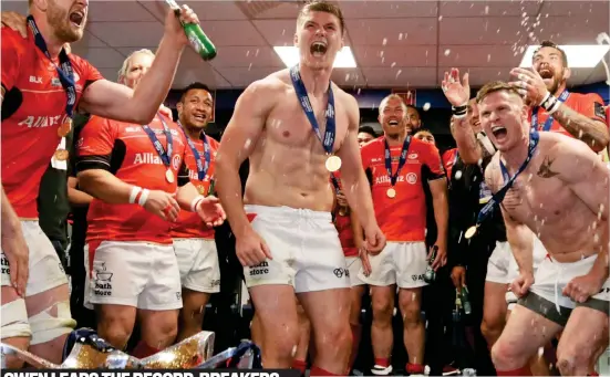  ?? REX ?? Good nudes: Owen Farrell (centre) leads the celebratio­ns in the dressing room after Saracens’ Champions Cup victory