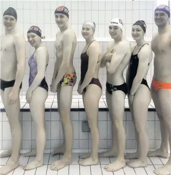  ??  ?? Back in town EK Swim Team’s talented alumni. From left: Angus Barr (Stirling Uni), Erin Holmes, Ross Young (Edin. Uni), Meg Finnon (Georgia), John Wright (Aberdeen), Jennifer King (Missouri), Ross Leslie (Edin. Uni)