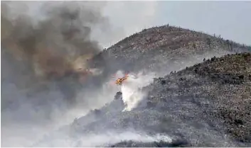  ??  ?? Ataque. Más de 100 descargas de retardante han realizado los helicópter­os con los que se combate el fuego en la Sierra de Arteaga.