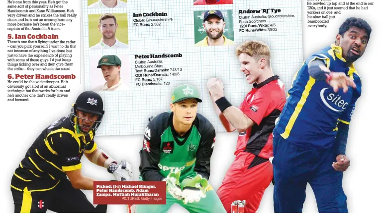  ?? PICTURES: Getty Images ?? Picked: (l-r) Michael Klinger, Peter Handscomb, Adam Zampa, Muttiah Muralithar­an