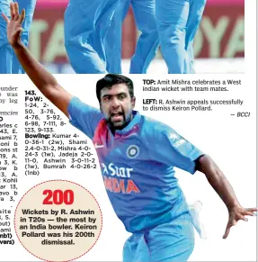  ?? — Agencies — BCCI ?? LEFT: R. Ashwin appeals successful­ly to dismiss Keiron Pollard.