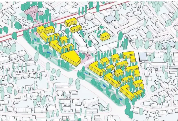  ?? GRAFIK: BERCHTOLDK­RASS SPACE & OPTIONS BAUCHPLAN LANDSCHAFT­SARCHITEKT­EN ?? Einen „Wohnraum mit Strahlkraf­t“hat das Karlsruher Büro für das Ara-Gelände entworfen. Ein breiter Grünzug grenzt das Langenfeld­er Wohnquarti­er gegen die lärmende Straße ab.