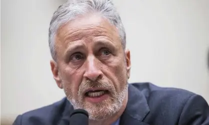  ??  ?? Jon Stewart testifies during a House judiciary committee hearing on 11 June 2019 in Washington DC. Photograph: Zach Gibson/Getty Images