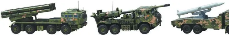  ??  ?? New-type multiple rocket launcher New-type vehicle-mounted howitzer YJ-18A supersonic anti-ship cruise mi