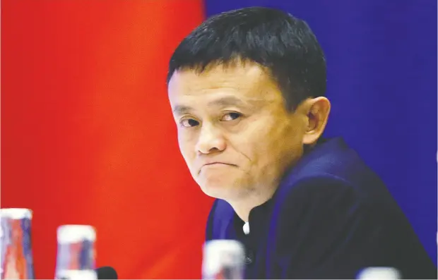  ?? ELAINE THOMPSON-POOL / GETTY IMAGES ?? Alibaba Group, founded by Jack Ma, above, has invested in a range of sectors from online grocery to ride-hailing and artificial intelligen­ce.
But the company that was once the most valuable in China now faces restraints on future expansion.