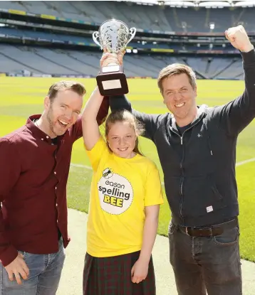  ??  ?? Eason Spelling Bee All-Ireland winner Ashley Bolton from Bunscoil Loreto in Gorey at Croke Park with Today FM’s Dermot & Dave.