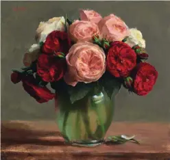 ??  ?? Red & Pink Roses, oil on linen, 15 x 16" (38 x 41 cm)
Every floral bouquet offers unique color stories. Here the David Austen roses in red, coral pink and white are offset by the tinted jade of the glass vase. The blooms need to be painted first before the flowers wilt, then more time can be spent on the vase and stems. Some final glazing was used on the glass vase to enhance the semitransp­arent tinted green glass.
