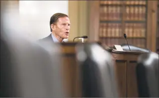  ?? Manuel Balce Ceneta / Associated Press ?? Senate Special Committee on Aging member Sen. Richard Blumenthal, D-Conn., speaks behind empty chairs during a hearing to examine caring for seniors amid the COVID-19 crisis on Capitol Hill on Thursday.