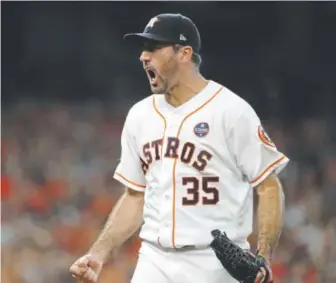  ?? Elsa, Getty Images ?? The Astros’ Justin Verlander pitched nine innings against the New York Yankees in Game 2 of the ALCS on Saturday night in Houston. The Astros lead the series 2-0.
