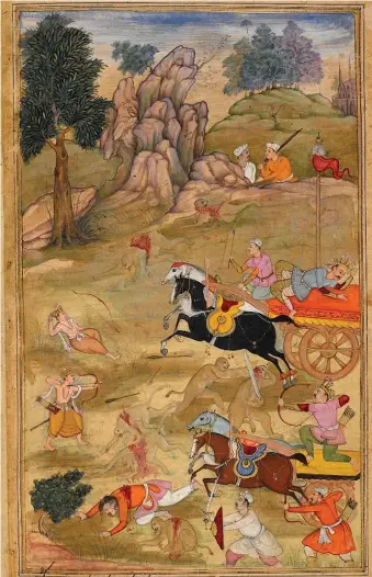  ??  ?? ‘Kusa and Lava defeating Bharata, Lakshmana, and the monkey army’; from the Razmnamah, a Persian translatio­n of the Mahabharat­a, 1598