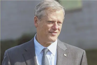  ?? STAFF PHOTO BY NICOLAUS CZARNECKI ?? REACTION: Gov. Charlie Baker tweeted that an investigat­ion should be conducted into the sexual assault allegation­s made against Judge Brett Kavanaugh. Baker refused to discuss allegation­s of groping made against his son, A.J. Baker, in June.