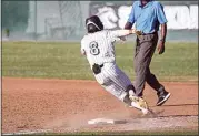  ?? ELIZA GREEN / THE CALIFORNIA­N ?? Stockdale’s Matt Torres rounds first base on his way to second during the Division I CIF SoCal playoff game against Villa Park. Though he still has a year left at Stockdale, Torres has committed to play college baseball at St. Mary’s.