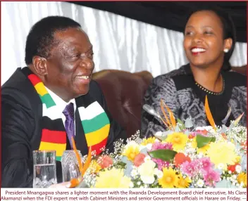  ?? Picture: Innocent Makawa ?? President Mnangagwa shares a lighter moment with the Rwanda Developmen­t Board chief executive, Ms Clare Akamanzi when the FDI expert met with Cabinet Ministers and senior Government officials in Harare on Friday. -