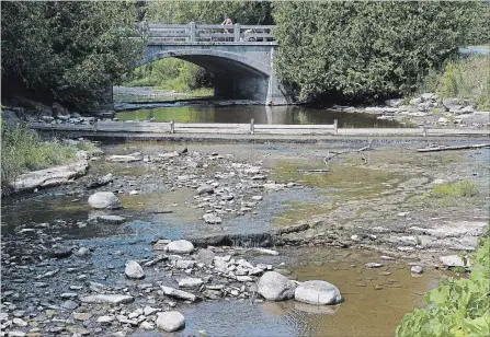  ?? CLIFFORD SKARSTEDT EXAMINER ?? A cyclist crosses over a bridge Wednesday at Jackson Park next to Jackson Creek, where there has been low water levels this summer. The Otonabee Region Water Response Team is calling on people to continue their water conservati­on efforts by reducing their water use by 10 per cent.