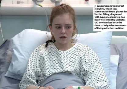 ??  ?? A new Coronation Street storyline, which sees Summer Spellman, played by Harriet Bibby, diagnosed with type one diabetes, has been welcomed by Diabetes UK, who worked with the show to help raise awareness of living with the condition