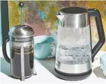  ??  ?? Bodum French Press and Oxo On Clarity Cordless Glass Electric Kettle