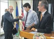  ?? Mel Melcon Los Angeles Times ?? MATTHEW UMHOFER, Councilman Kevin de León and Mayor Eric Garcetti after the announceme­nt.