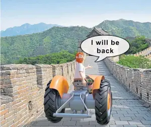  ??  ?? Donald and Fergie the tractor visit the Great Wall of China