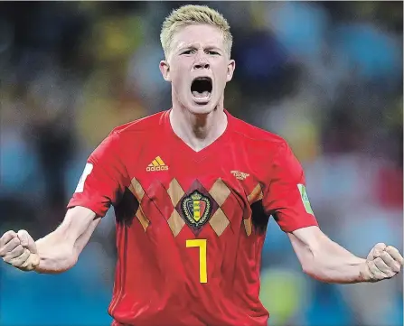  ?? SHAUN BOTTERILL GETTY IMAGES ?? Kevin De Bruyne of Belgium celebrates following his side’s victory Friday. Belgium defeated Brazil 2-1 in the contest.