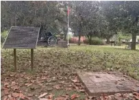  ?? AP PHOTO/KIM CHANDLER ?? A brick base sits empty April 13 where a chair carved out of limestone honoring Confederat­e President Jefferson Davis was stolen from Confederat­e Memorial Circle, a private section of Live Oak Cemetery in Selma, Ala. Police recovered the chair in New Orleans.